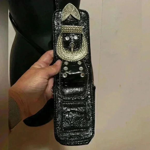 Black Patent Leather Western Rodeo Crossbody Phone Case Purse Bedazzle Bling - Picture 3 of 7